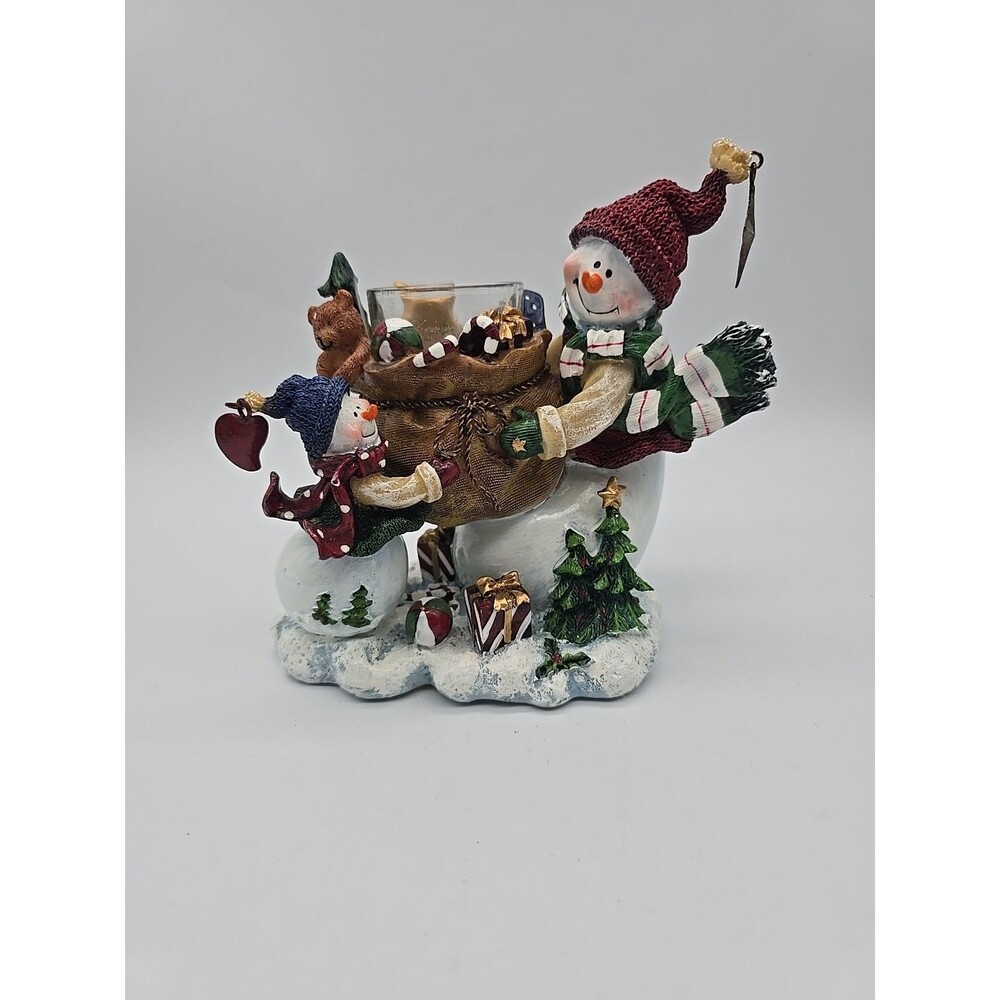 Vintage Christmas HOMCO Snowmen Votive Candle Holder Holding Gift Decorative